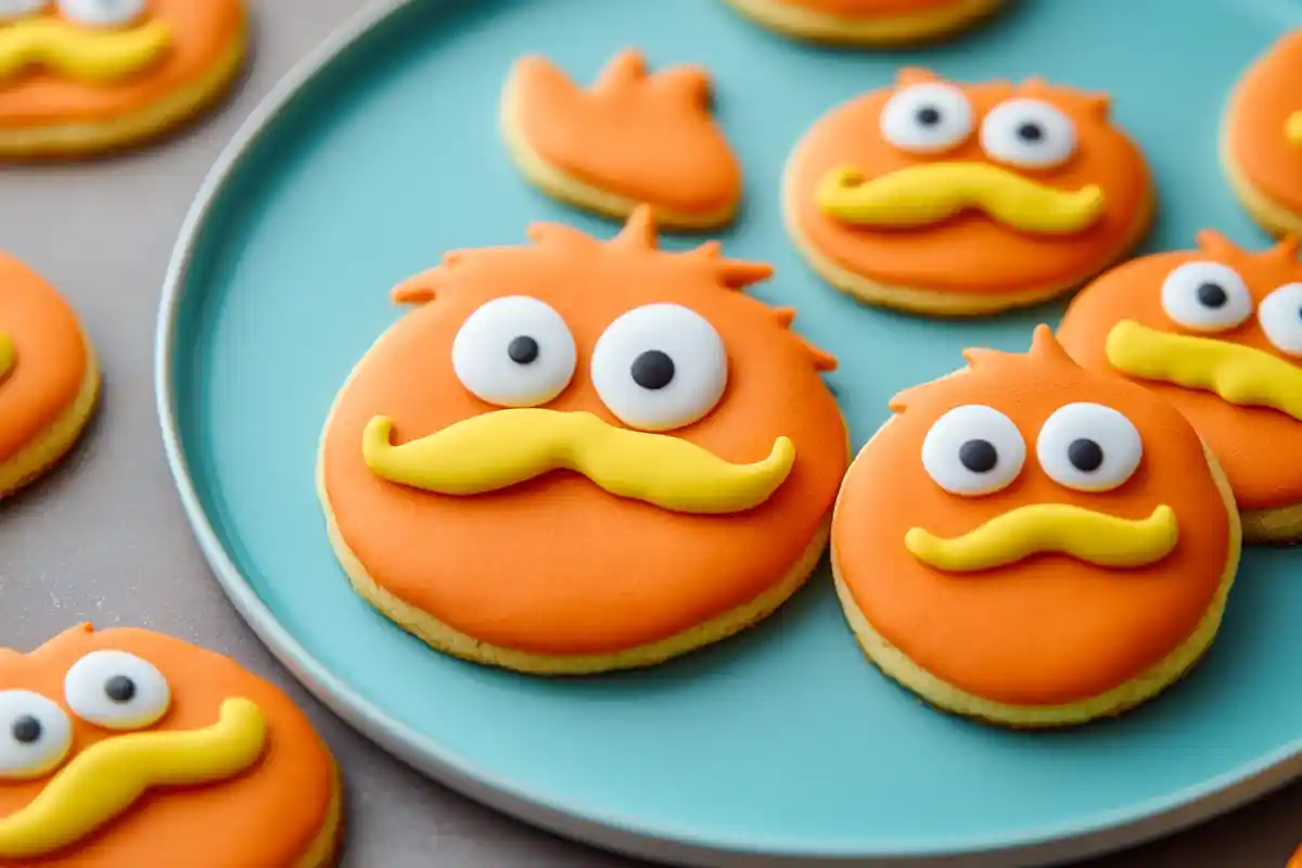 A collection of bright and colorful Lorax cookies decorated with orange icing, yellow mustaches, and candy eyes on a wooden table.