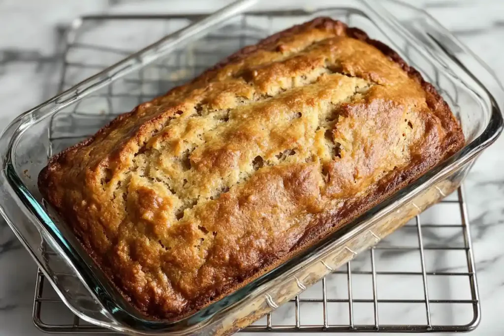 A freshly baked loaf of golden-brown sourdough banana nut bread cooling in a glass loaf pan on a wire rack.