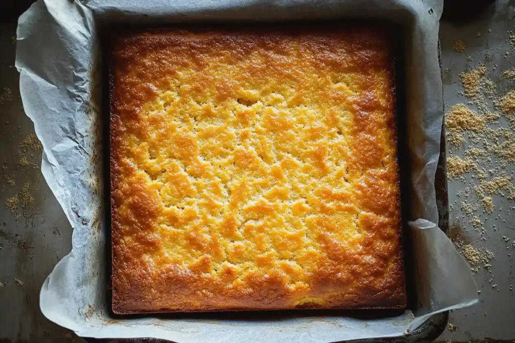 A golden, freshly baked sourdough cornbread in a parchment-lined square baking pan.