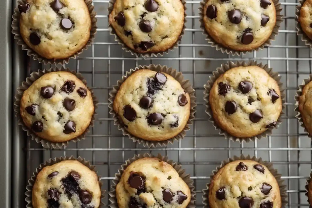  Golden sourdough discard chocolate chip muffins cooling on a wire rack.