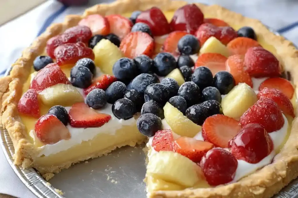 A golden  pie crust filled with creamy custard and topped with fresh strawberries, blueberries, and pineapple slices.