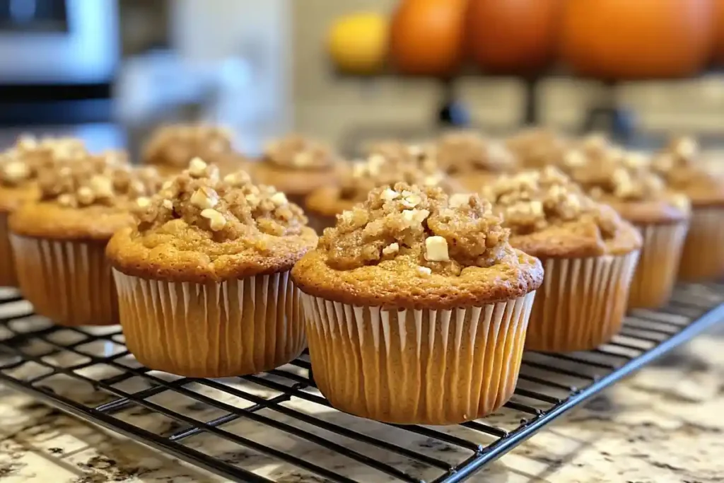 A batch of golden brown sourdough discard pumpkin muffins cooling on a wire rack in a cozy kitchen setting