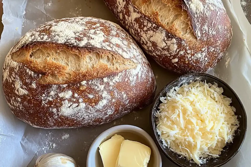 Two crusty sourdough loaves surrounded by grated cheese, butter, and fresh garlic on parchment paper.