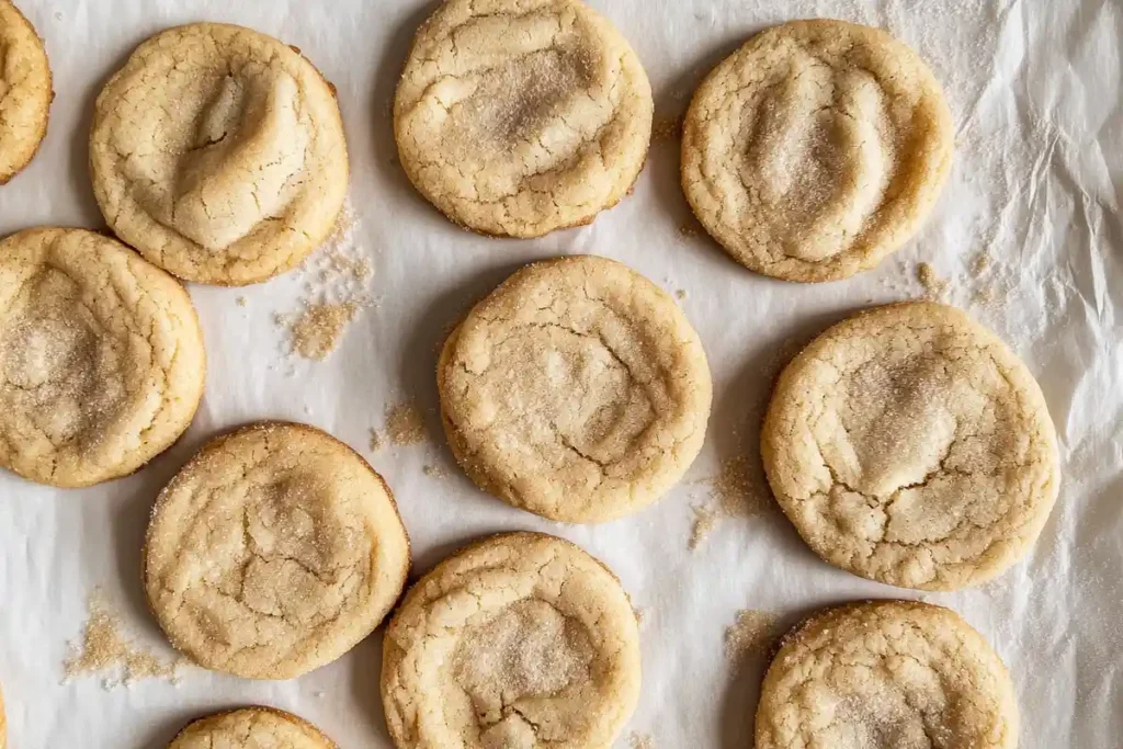 Rows of freshly baked sourdough discard sugar cookies cooling on parchment paper, with a light sugar topping.