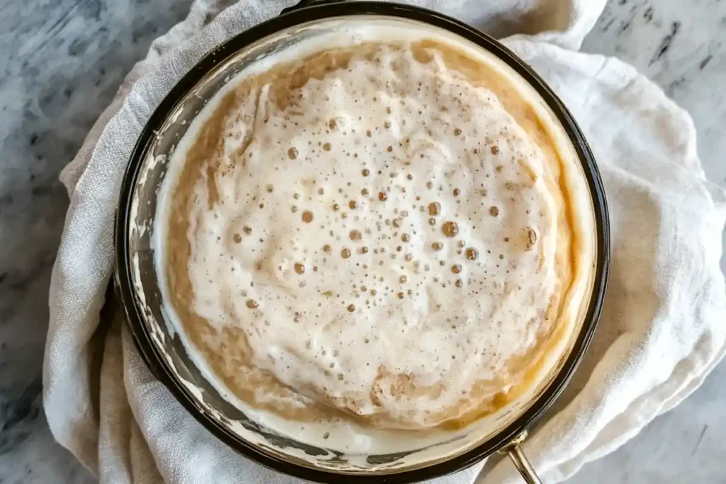 A bubbly and active sourdough starter in a glass jar, wrapped in a kitchen towel on a marble countertop.