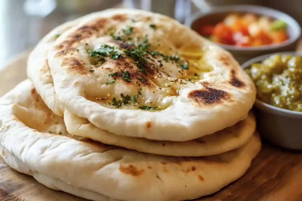 Soft, golden pita bread topped with fresh herbs and olive oil, served with dipping sauces.