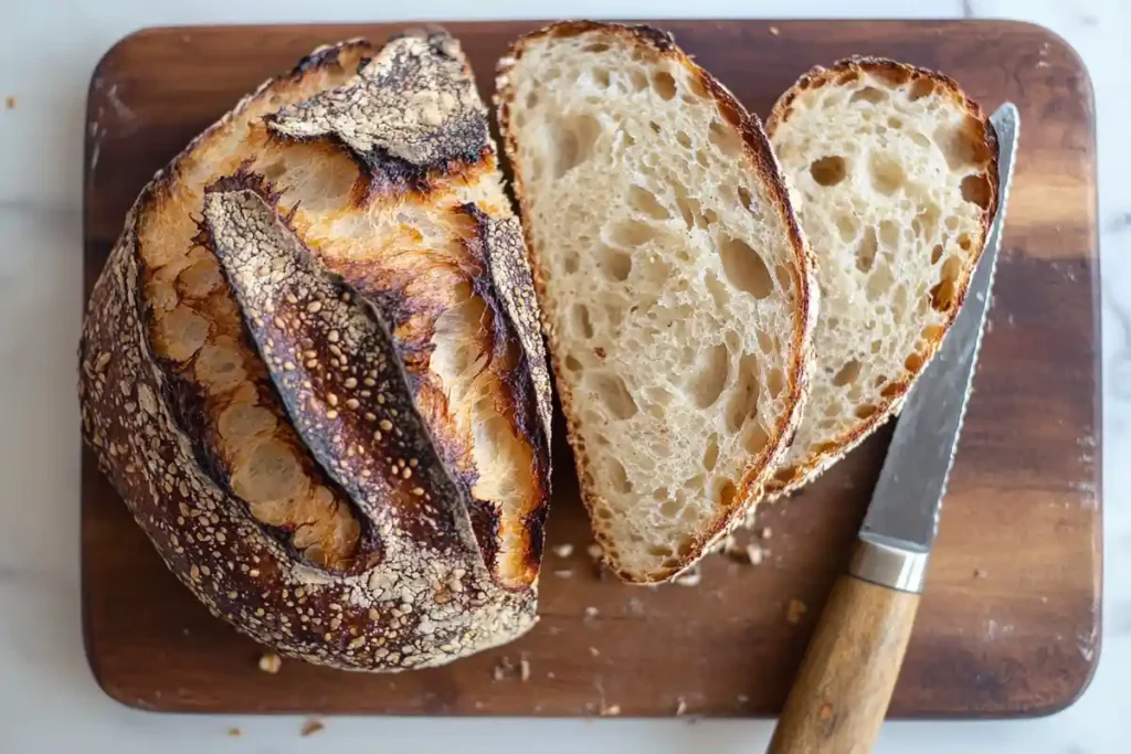 A loaf of sourdough bread with slices on a wooden cutting board, showing its airy texture and crusty exterior.