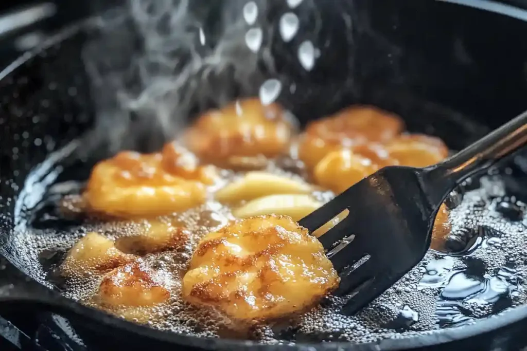 Sourdough apple fritters frying in a cast iron skillet with steam rising and a spatula flipping a golden fritter.