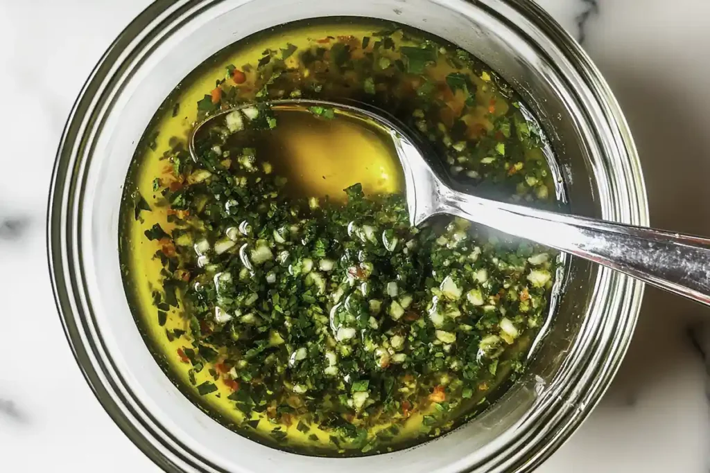 A glass bowl filled with a vibrant garlic herb mixture in olive oil, with a spoon resting inside, ready for use in the recipe.