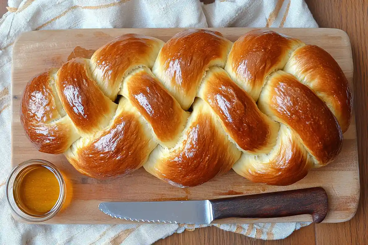 A beautifully braided sourdough challah loaf with a shiny golden crust on a wooden board, next to a knife and a bowl of honey