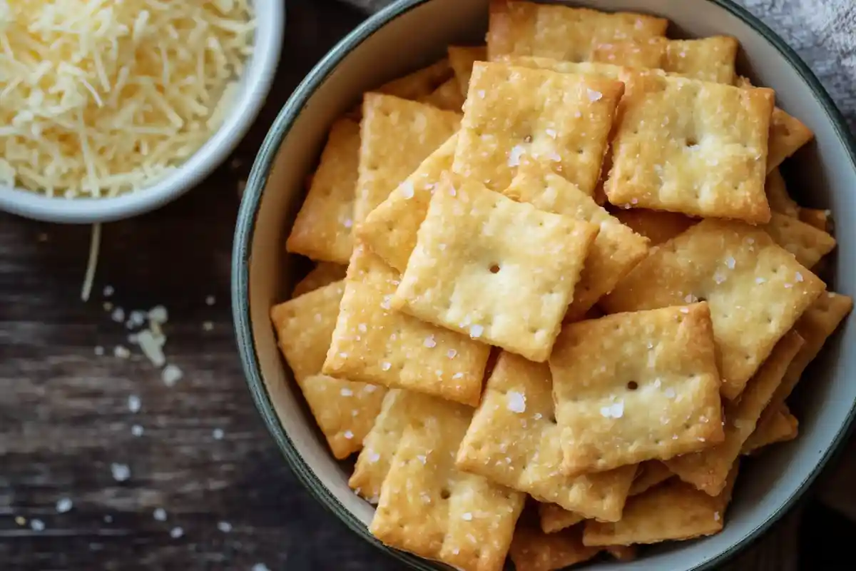 Golden, crispy sourdough discard Cheez Its sprinkled with sea salt in a bowl, with shredded cheese in the background.