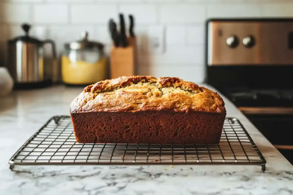 Freshly baked banana bread loaf without butter cooling on a wire rack in a cozy kitchen setting.