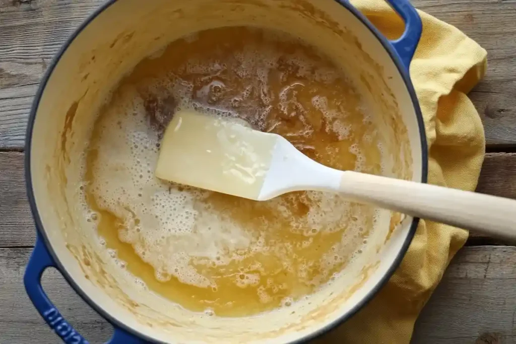 A pot of perfectly browned butter with a white spatula resting inside, showing golden bubbles and foam.