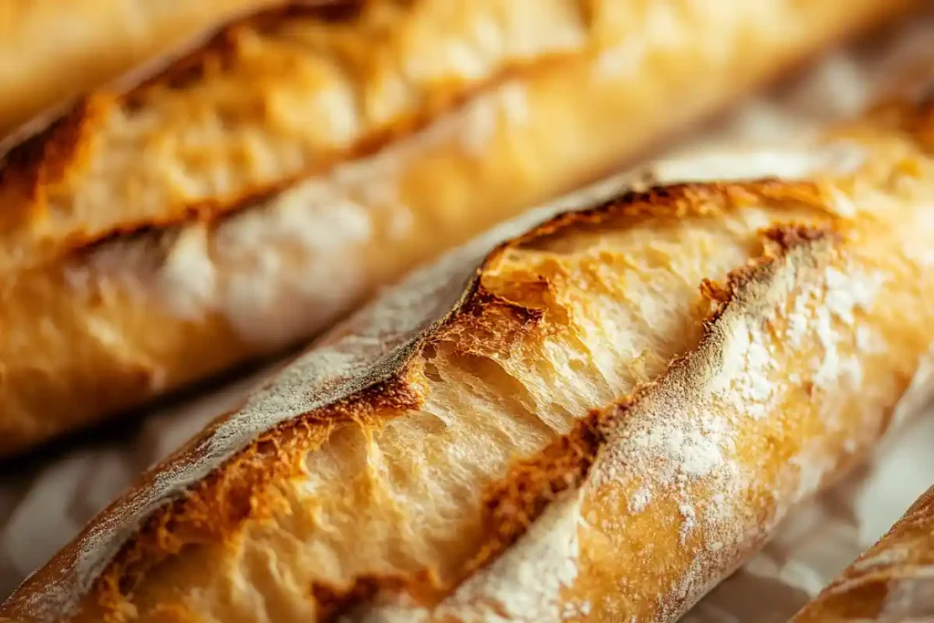 Close-up of golden, crispy crust on sourdough discard French bread.