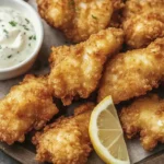 Crispy golden battered fish fillets served with tartar sauce and lemon wedges on a wooden platter.