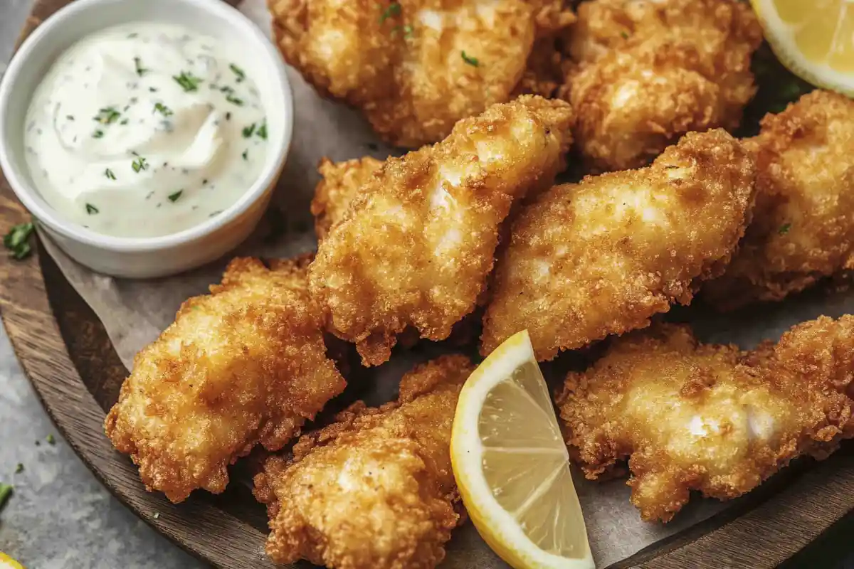 Crispy golden battered fish fillets served with tartar sauce and lemon wedges on a wooden platter.