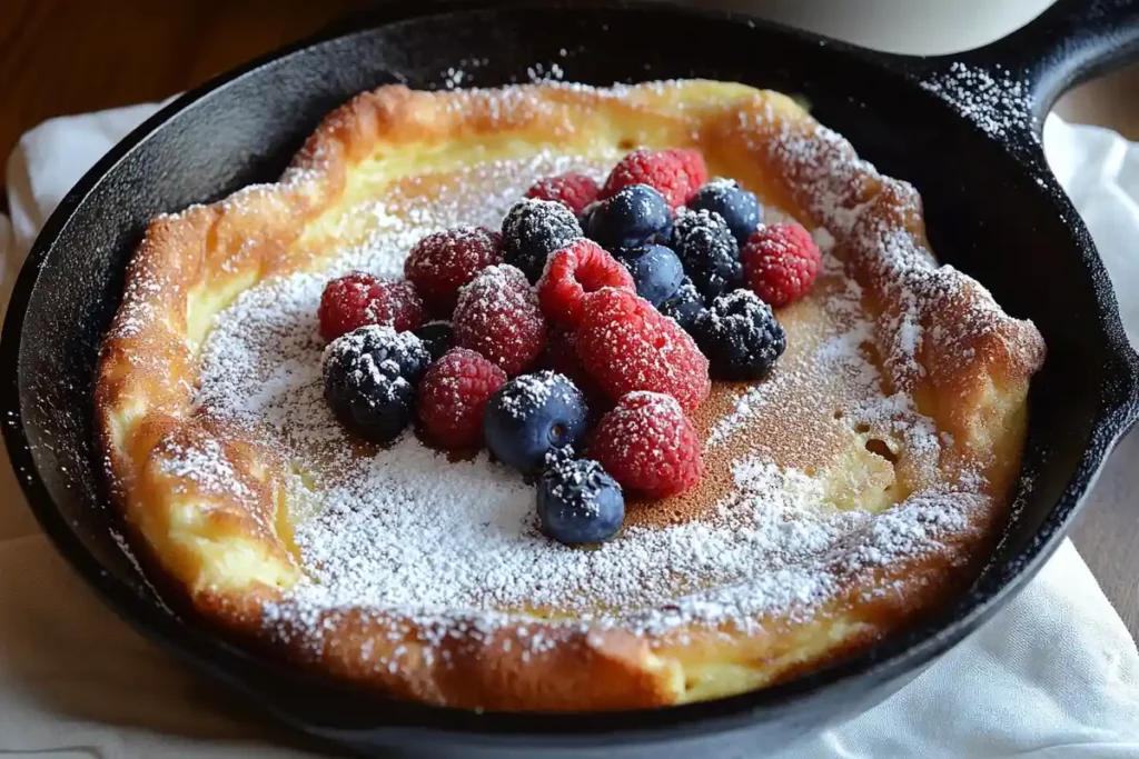 Golden  Dutch baby pancake topped with powdered sugar, fresh raspberries, and blueberries in a cast-iron skillet.