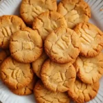 A plate of golden-brown sourdough discard peanut butter cookies with classic fork marks, arranged neatly on a white decorative plate.