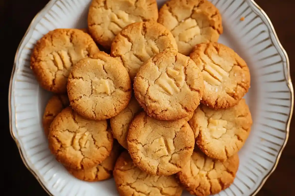 A plate of golden-brown sourdough discard peanut butter cookies with classic fork marks, arranged neatly on a white decorative plate.