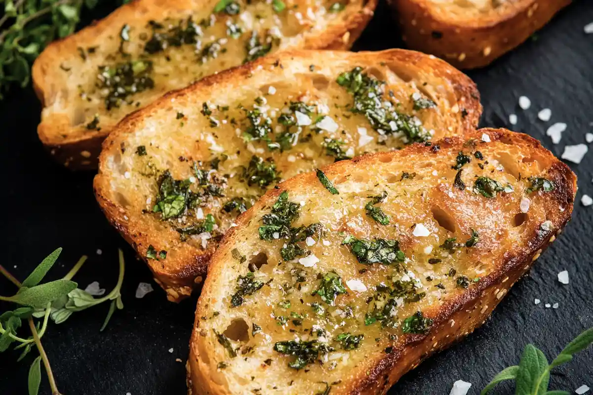 Close-up of golden, toasted sourdough garlic bread slices garnished with herbs and flaky salt on a black slate plate.