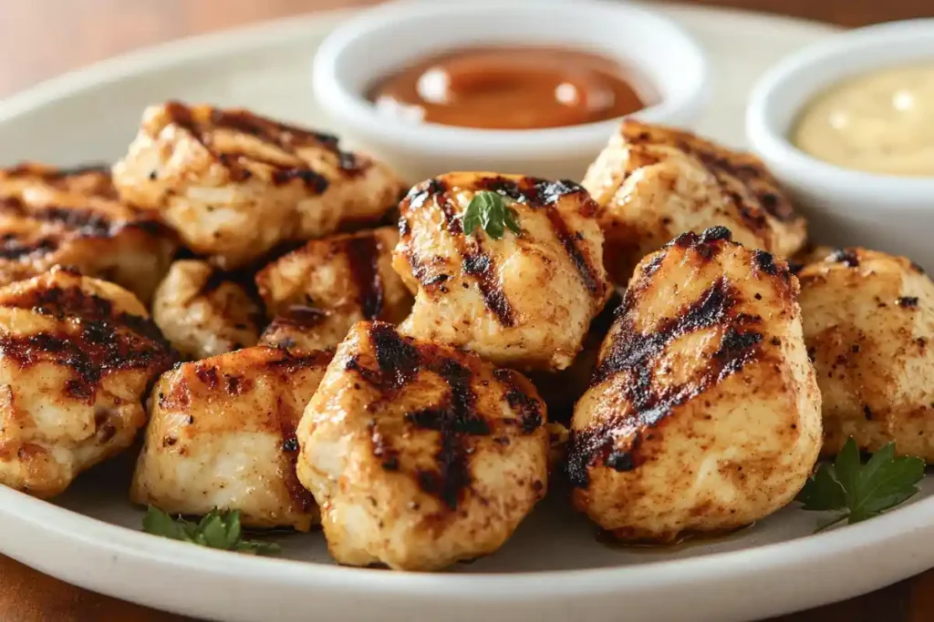 A plate of Chick-fil-A grilled nuggets with visible grill marks, served with barbecue and honey mustard sauces.