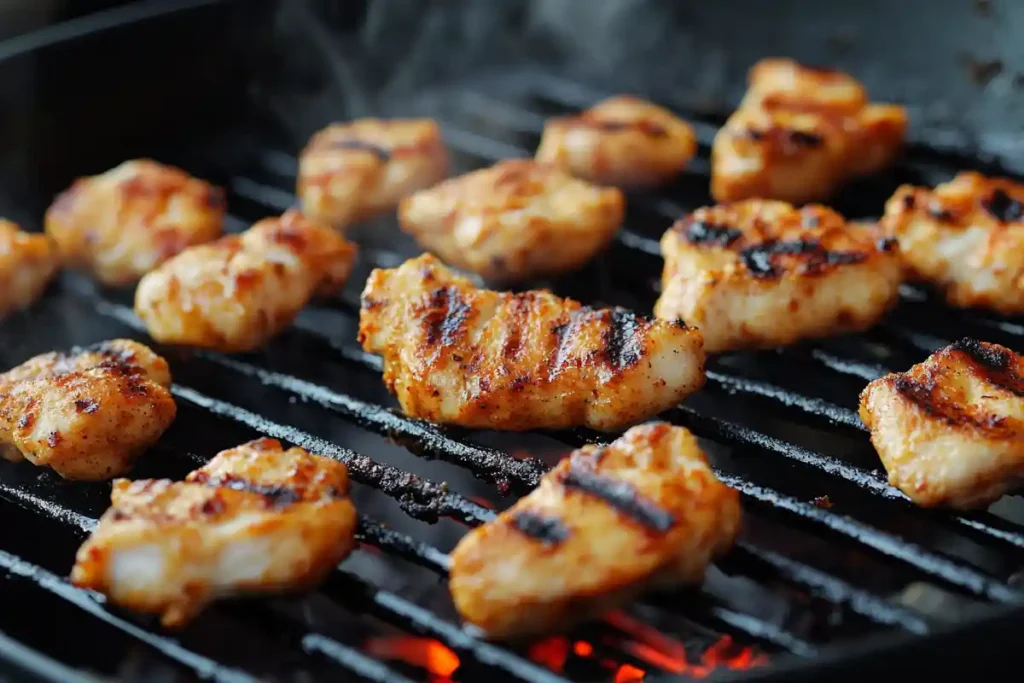  Chick-fil-A grilled nuggets cooking on a stovetop grill pan with grill marks.