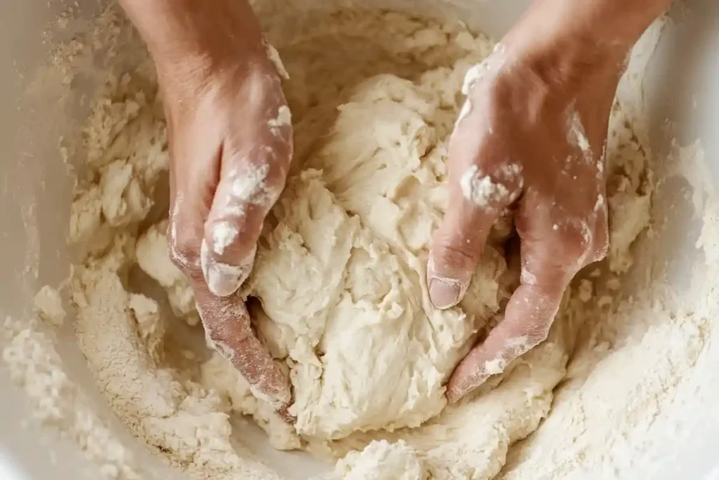 Close-up of hands kneading sourdough discard dough in a mixing bowl.
