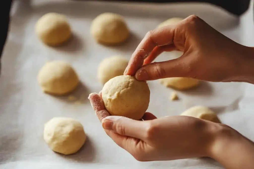 Neatly shaped sourdough discard sugar cookie dough balls on a parchment-lined baking sheet, ready for the oven.