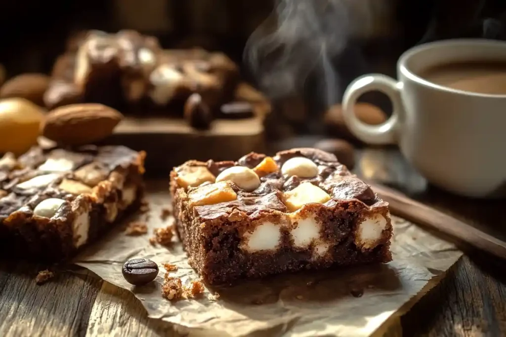 A slice of Heavenly Hash Brownie served with a steaming cup of coffee on a rustic wooden table.