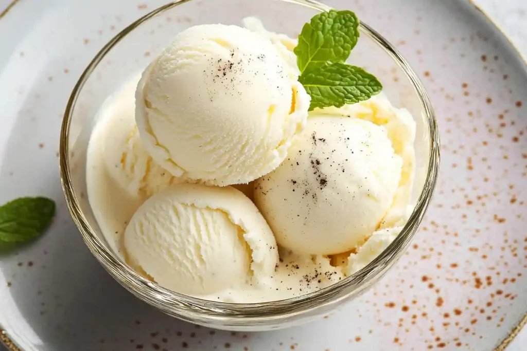 Scoops of homemade vanilla ice cream with visible vanilla specks, garnished with fresh mint leaves.