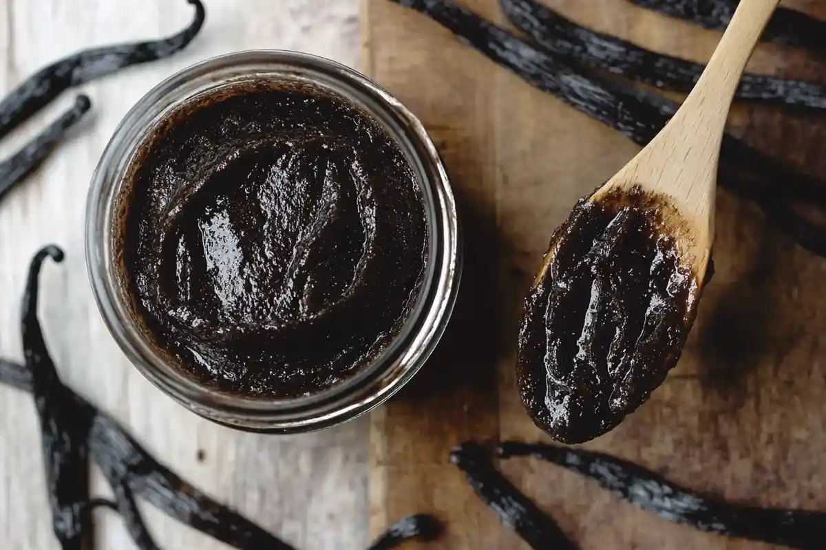 A glass jar filled with glossy homemade vanilla paste, with a wooden spoon coated in the paste, surrounded by fresh vanilla beans on a wooden surface.