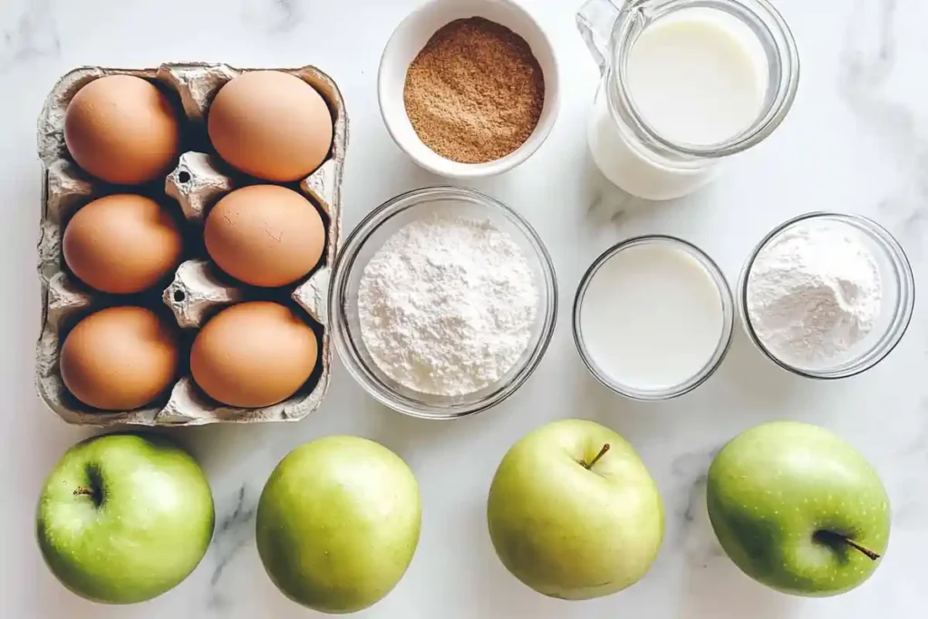 Fresh green apples, eggs, sugar, flour, milk, and other ingredients neatly arranged on a white marble countertop.