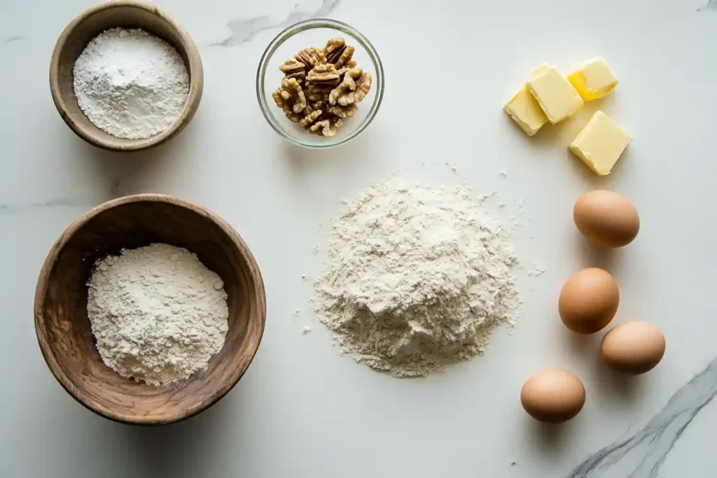 A flat lay of ingredients for sourdough banana nut bread, including flour, eggs, butter, and walnuts on a white surface.