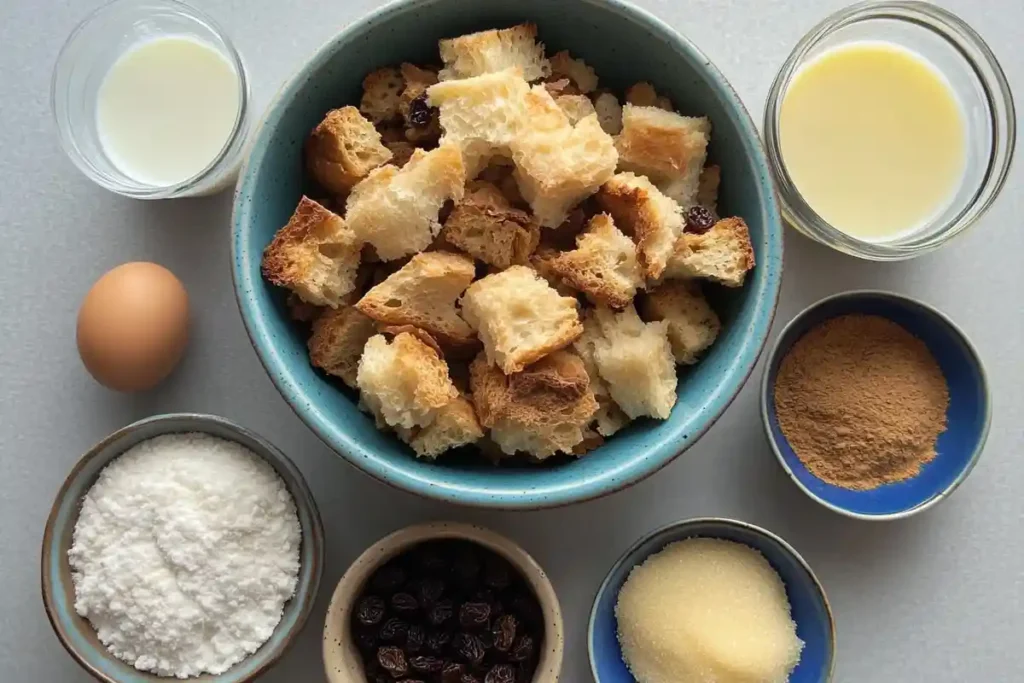 A flat-lay of ingredients for sourdough bread pudding, including bread cubes, milk, eggs, sugar, cinnamon, raisins, and cream.