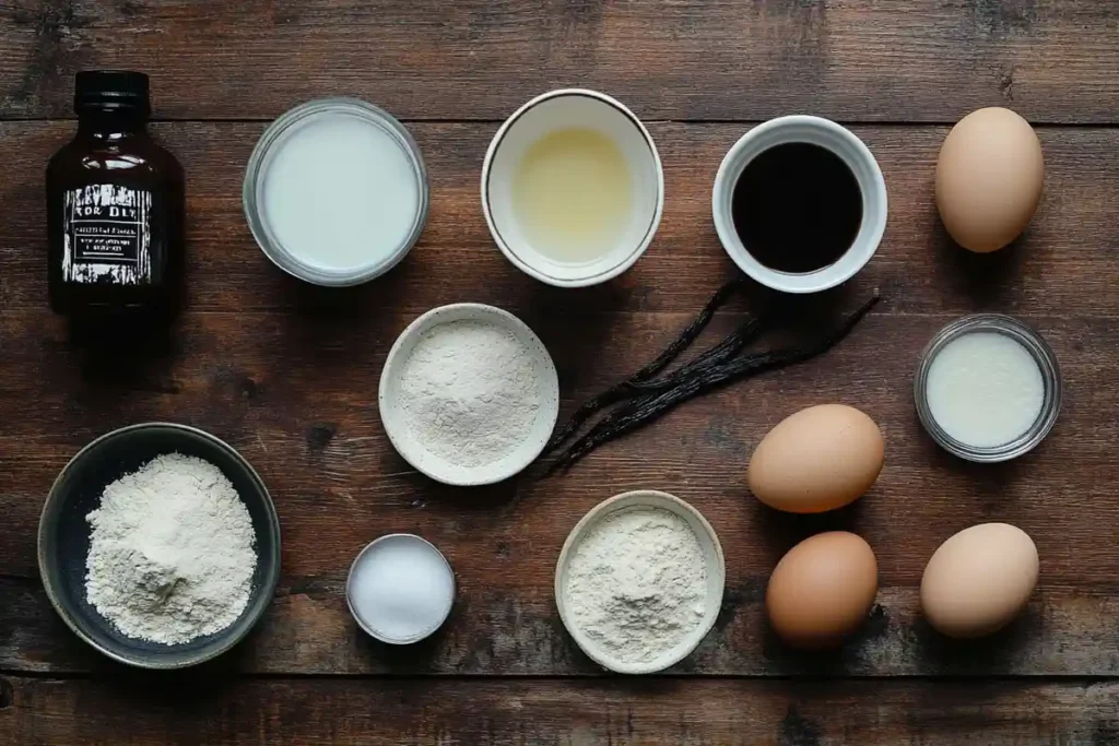 Sourdough discard Dutch baby ingredients on a wooden table.