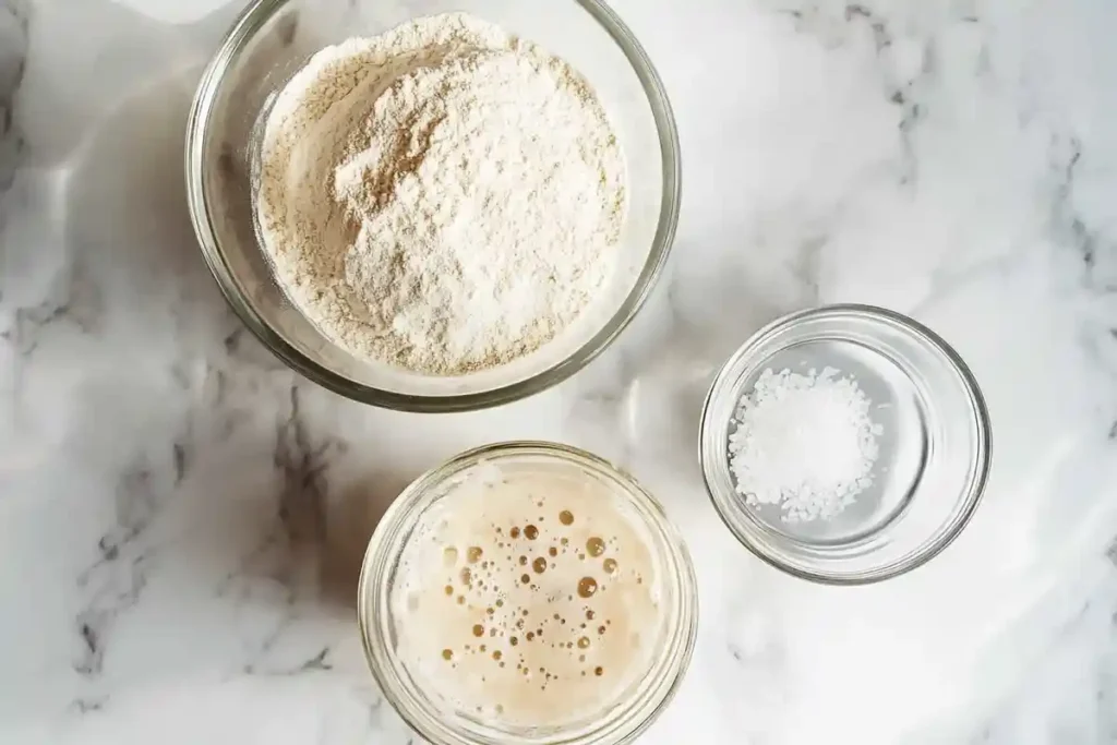 Bowls of sourdough discard, flour, and salt arranged on a marble countertop.