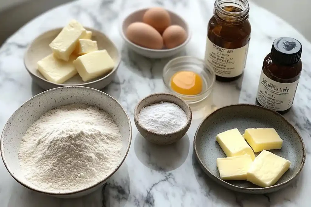 Key ingredients for cookies, including flour, sugar, butter, eggs, vanilla extract, and sourdough discard, neatly arranged on a marble countertop.