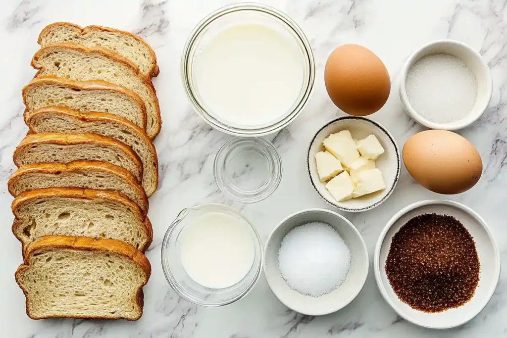 Slices of sourdough bread, eggs, milk, sugar, butter, and other ingredients arranged on a marble surface.