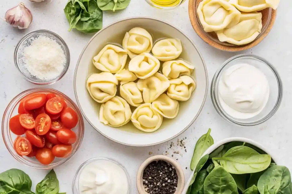 An overhead layout of fresh ingredients for tomato basil tortellini soup, including cheese tortellini, cherry tomatoes, spinach, cream, and spices.