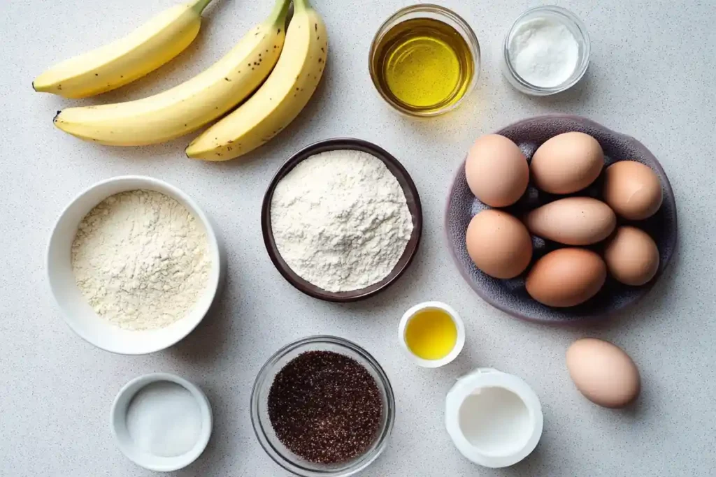 Top-down view of key ingredients for banana bread, including bananas, flour, oil, eggs, and sugar.