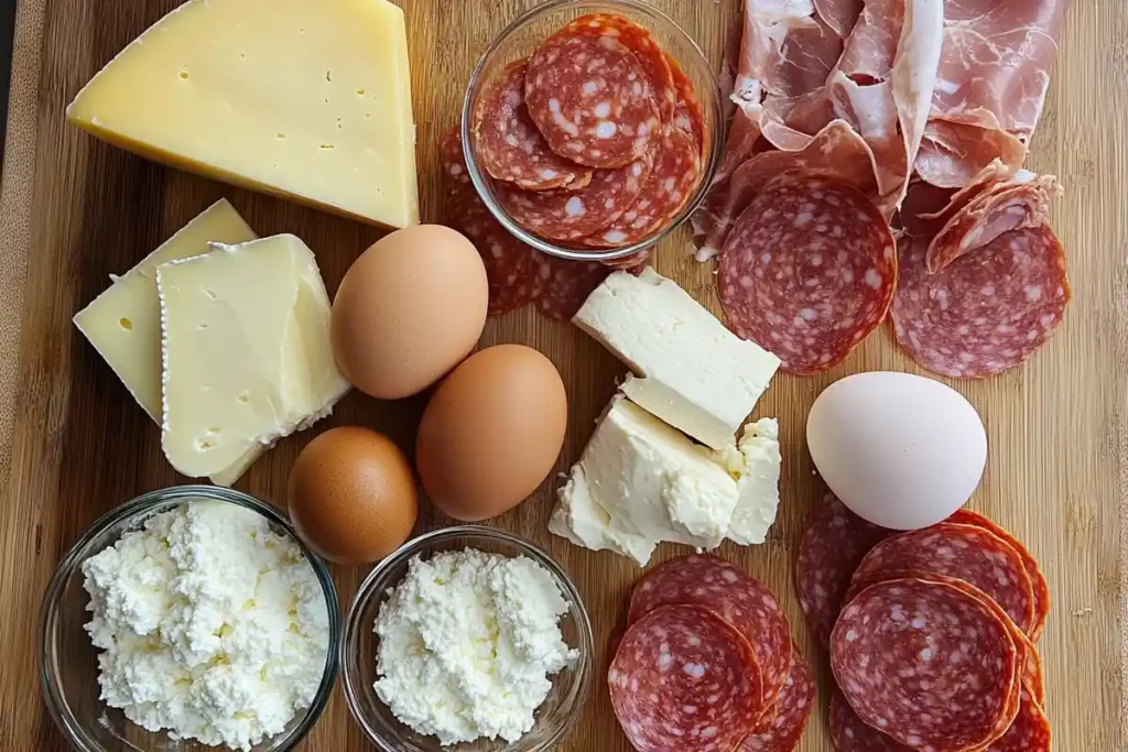 A wooden board displaying  ingredients for rustic Pie, including ricotta, eggs, salami, prosciutto, mozzarella, and cheese wedges.