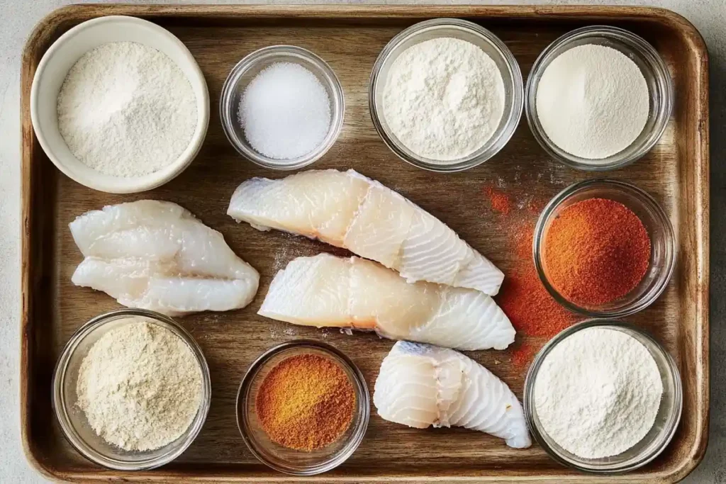 A wooden tray displaying fish fillets, flour, cornstarch, salt, paprika, and various seasonings for Long John Silver's batter.