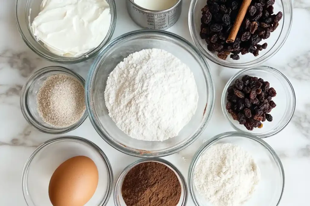 Glass bowls with flour, raisins, cinnamon, cream cheese, sugar, and an egg, neatly arranged on a marble countertop