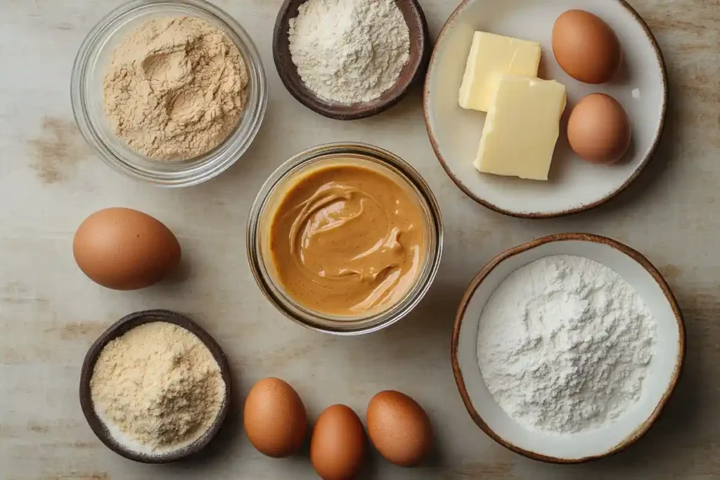 Key ingredients for sourdough discard peanut butter cookies, including peanut butter, flour, eggs, butter, and sugar displayed on a kitchen counter.