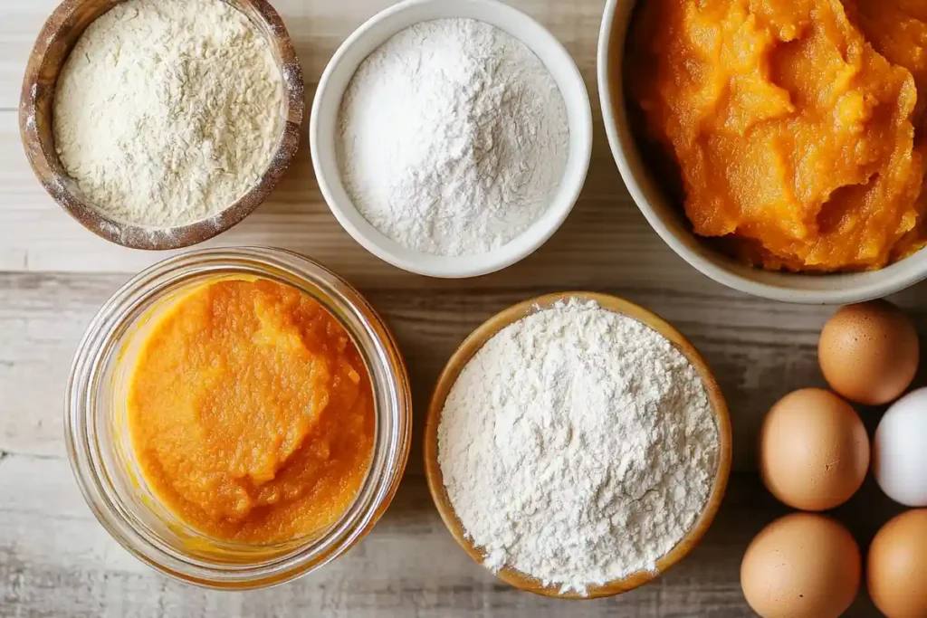 Top view of essential ingredients: sourdough discard, pumpkin puree, flour, eggs, and baking powder arranged on a wooden surface.