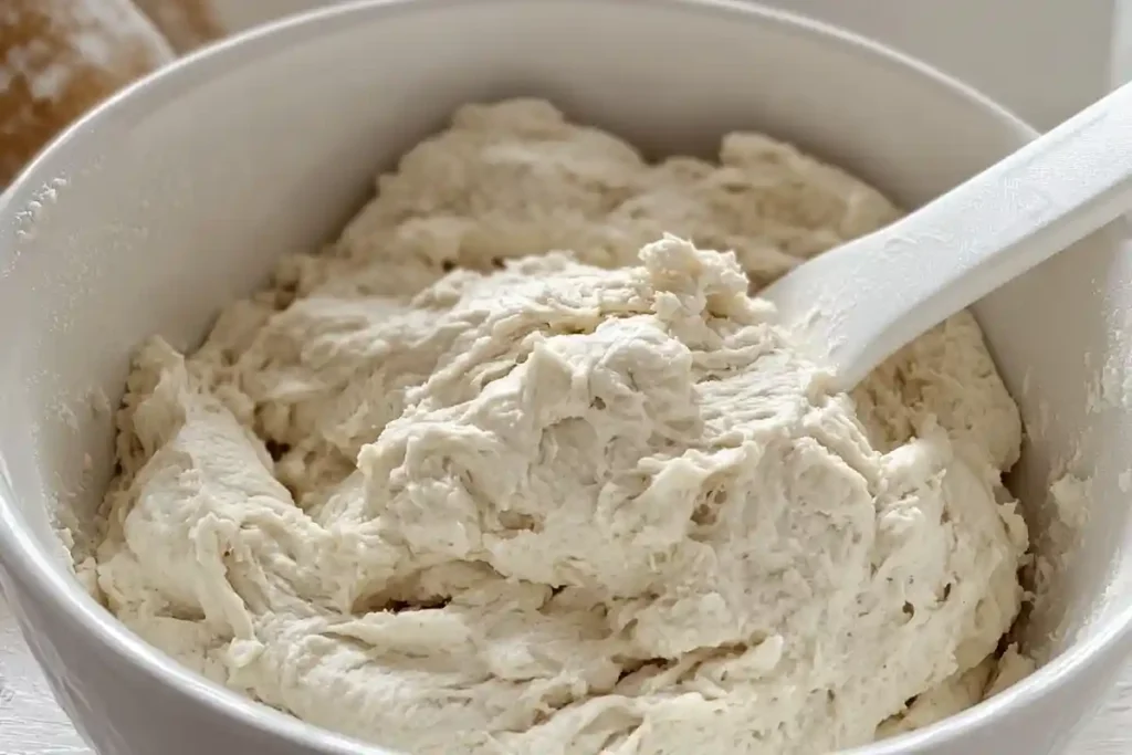 A close-up of smooth, kneaded dough in a white bowl, prepared for fermentation.