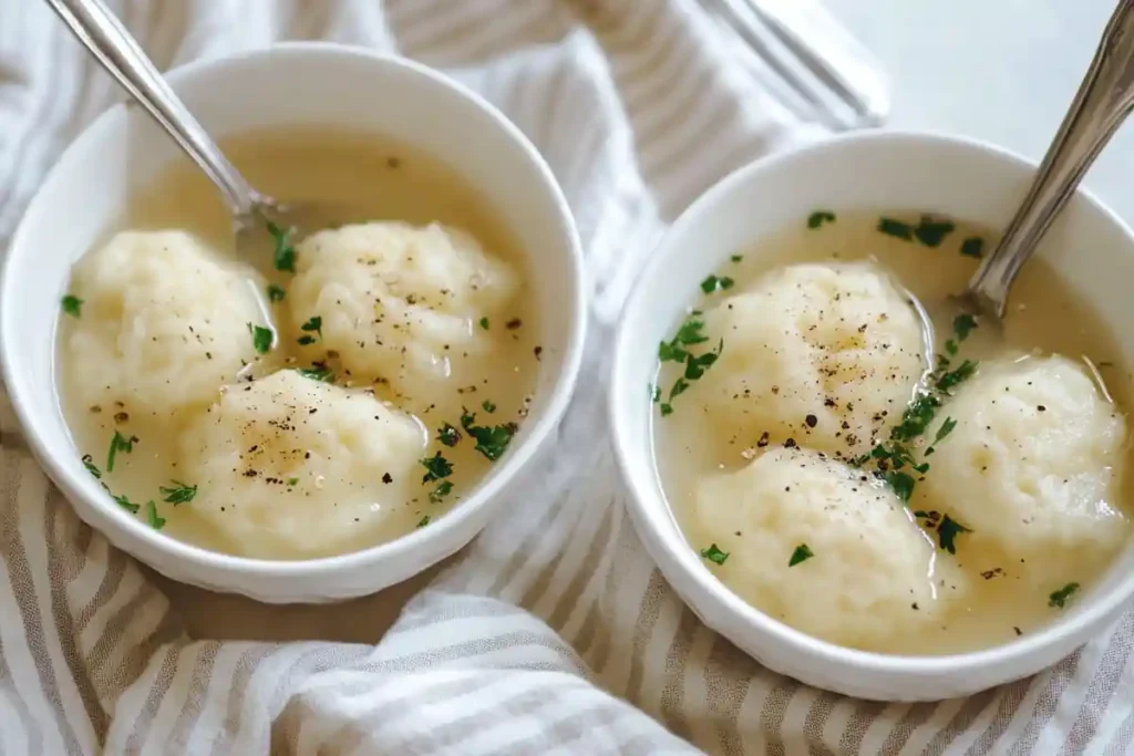 Two bowls of soup with fluffy sourdough discard dumplings garnished with parsley and cracked black pepper.