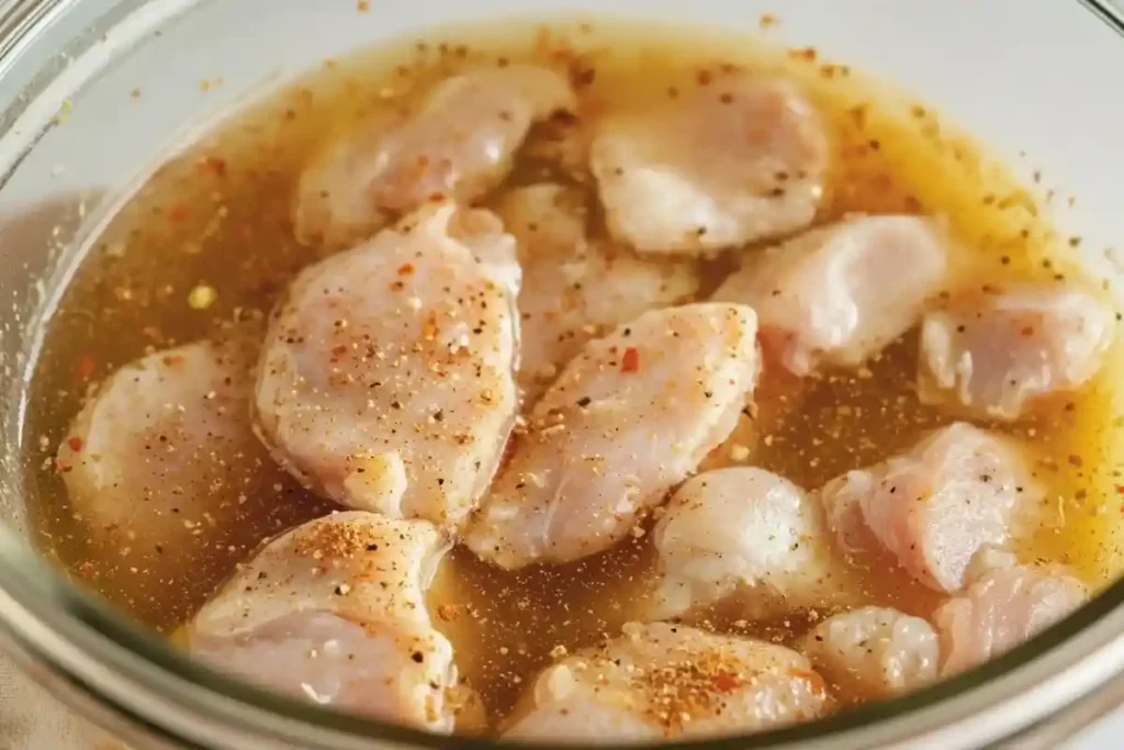 Chicken pieces marinating in pickle juice and milk with seasonings.