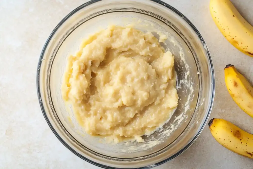 A glass bowl filled with mashed ripe bananas, ready for banana bread preparation.