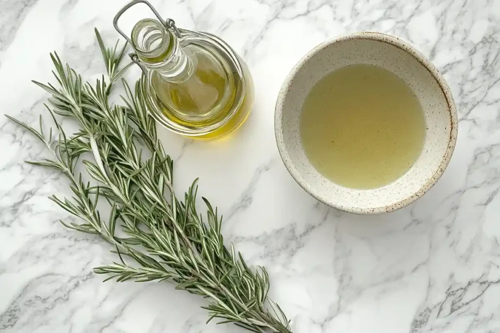 A minimalist flat-lay featuring a glass jar of rosemary water, a fresh rosemary sprig, and a ceramic bowl on a marble surface.